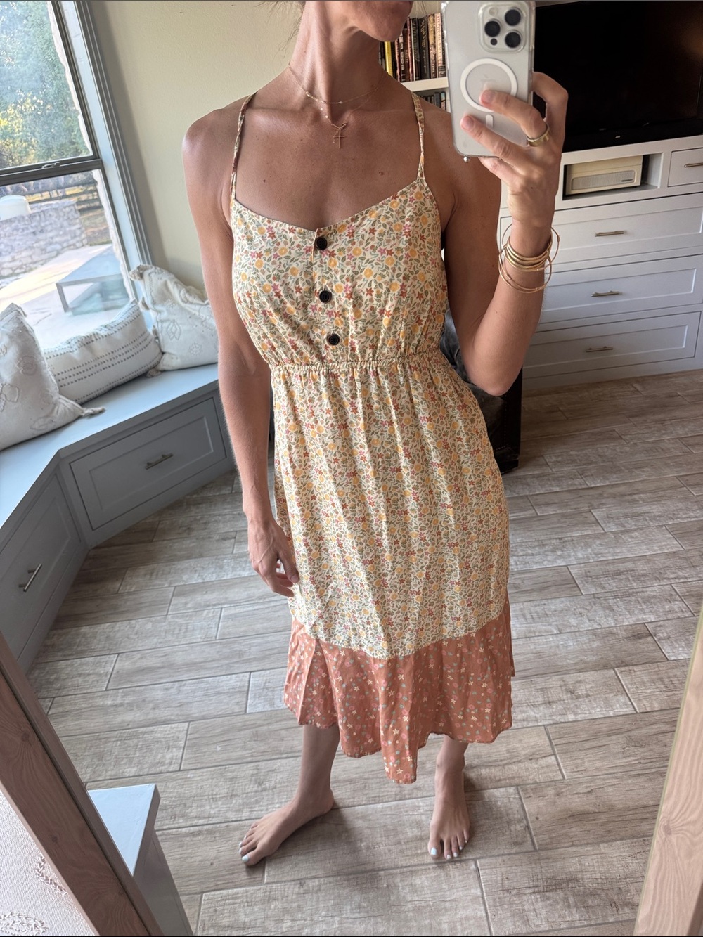 Patagonia Cream Floral Spaghetti-Strap Midi Dress with Rust Ruffle